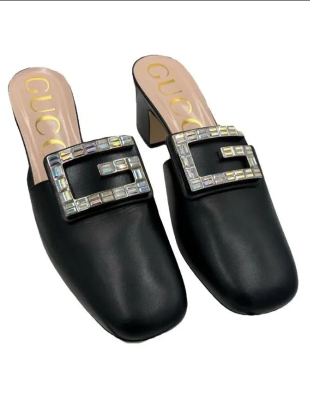 Gucci Leather Mules Womens Size 8 Black GG Crystal Flat Slides Preppy Formal 90s